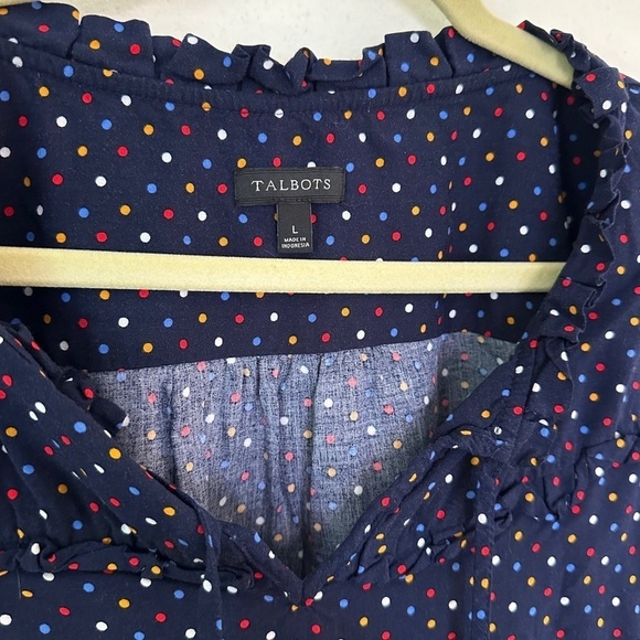 ❤️ NEW Talbots Tie Neck Polka Dot Print Top Ruffle Collar July 4th size L - Picture 4 of 5